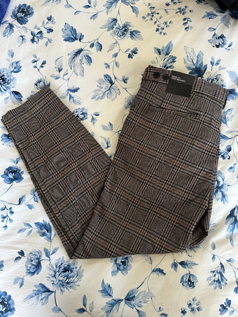 Men's H&M Brown Skinny Fit Glen Check Pants Size 36 NWT